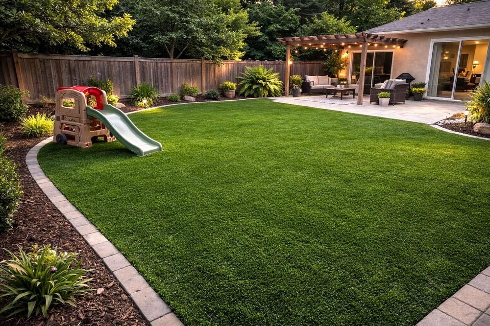 Finished artificial turf play yard with a slide