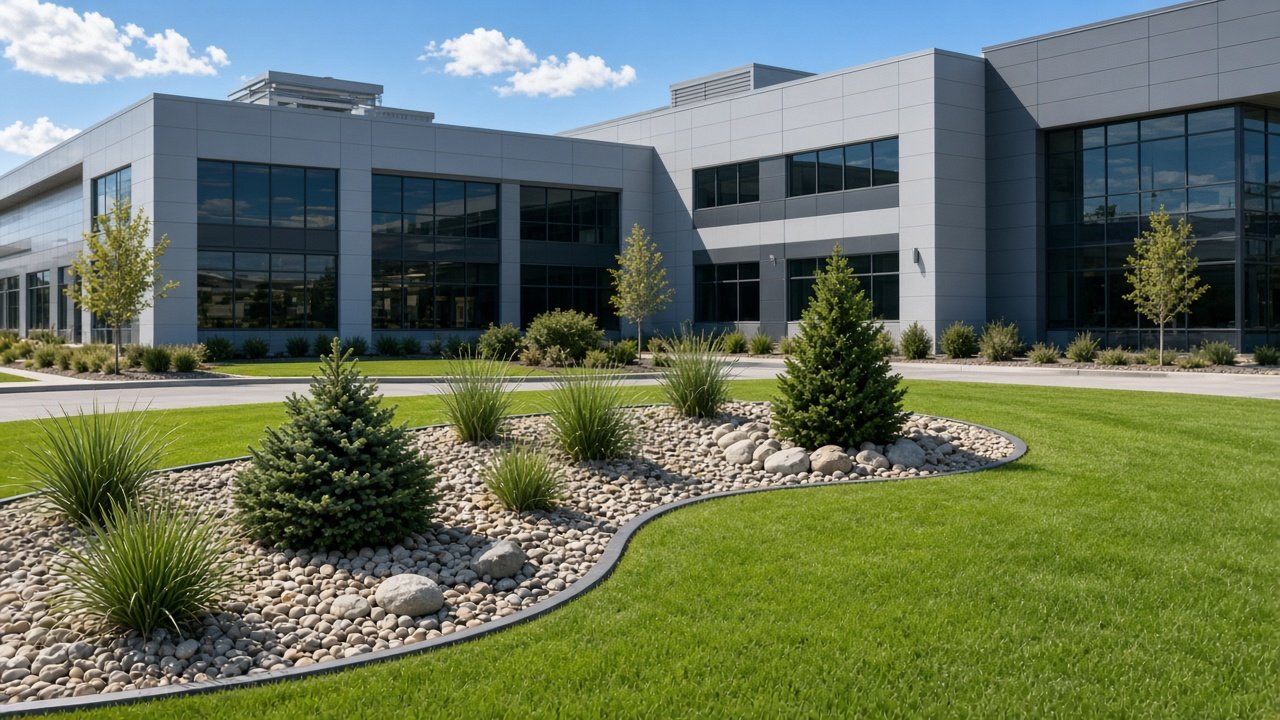 Commercial building with green lawn and decorative rock beds